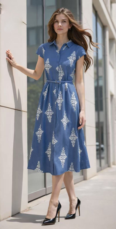 Γυναικείο Μίντι Φόρεμα με Κουμπιά και Παραδοσιακά Σχέδια σε Μπλε της Θάλασσας-8710