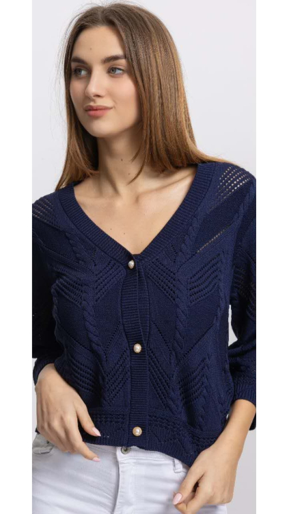 Γυναικείο Πλεκτό Ζακετάκι με Δαντελωτά Σχέδια και Κουμπιά-Πέρλες σε Μπλε Σκούρο-78047