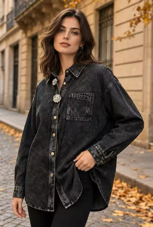 Oversized Denim Πουκάμισο Με Vintage Πλύση & Διακοσμητικά Κουμπιά-Λουλούδια-MF040-2