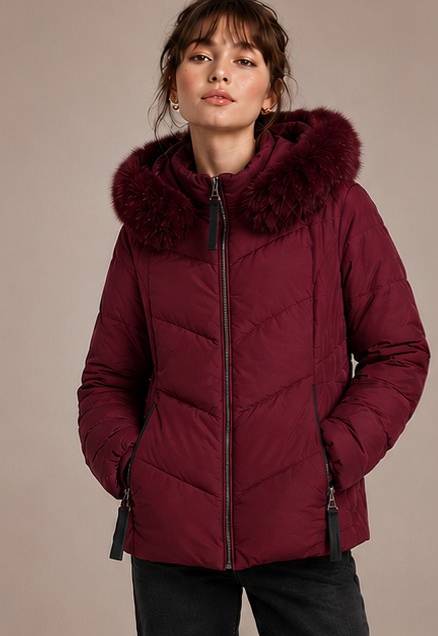 Κοντό Puffer Μπουφάν Με Chevron Καπιτονέ & Κουκούλα Faux Fur-A27007