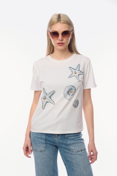 Γυναικείο Λευκό T-shirt με Σχέδια Αστερίες και Κοχύλια Διακοσμημένα με Λαμπερά Στρας-687
