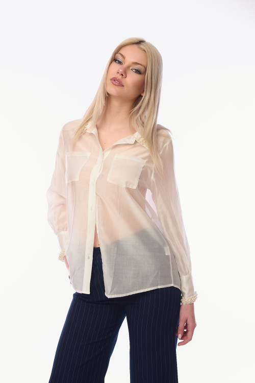 Γυναικείο Λευκό Μεταξωτό Πουκάμισο με Ημιδιάφανη Όψη και Διακόσμηση από Πέρλες στον Γιακά και τις Μανσέτες-G28523