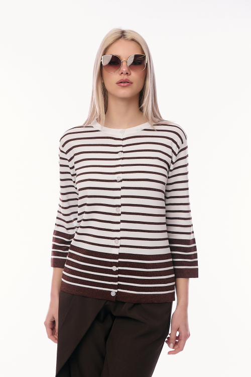 Γυναικεία Πλεκτή Ζακέτα Μαρινιέρα με Λεπτές Ρίγες και Διακριτική Λάμψη - Λευκό/Καφέ-71530B