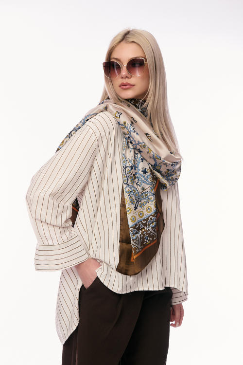 Γυναικείο Μεταξωτό Φουλάρι με Paisley Μοτίβο, Floral Λεπτομέρειες και Γήινες Αποχρώσεις-4475