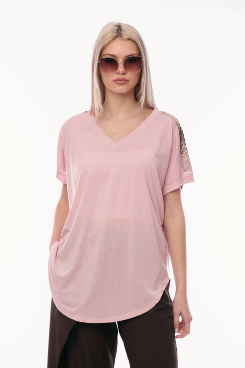 Γυναικείο T-shirt σε Ροζ Χρώμα με V-λαιμόκοψη και Διακοσμητικές Τρέσες από Στρας στους Ώμους-4468B