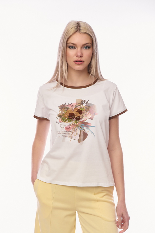 Γυναικείο Λευκό T-shirt με Κεντημένη Ανθοδέσμη, 3D Λεπτομέρειες και Καφέ Ρέλι-8805