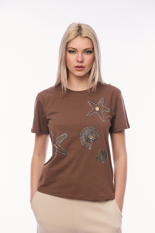 Γυναικείο Καφέ T-shirt με Σχέδια Αστερίες και Κοχύλια Διακοσμημένα με Λαμπερά Στρας-687G