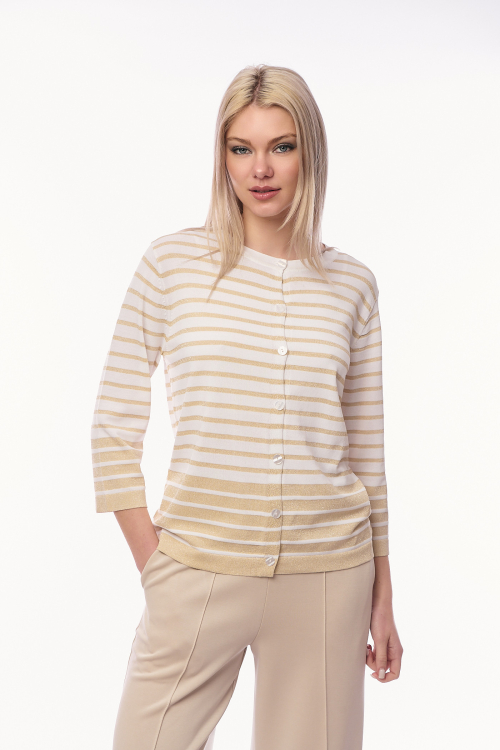 Γυναικεία Πλεκτή Ζακέτα Μαρινιέρα με Λεπτές Ρίγες και Διακριτική Λάμψη - Λευκό/Μπεζ-71530G