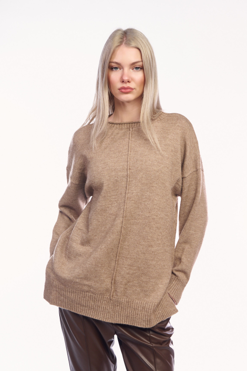 Πουλόβερ Oversized με Ανοίγματα στο Πλάι & Απλικέ Ραφή Μπεζ-7527C