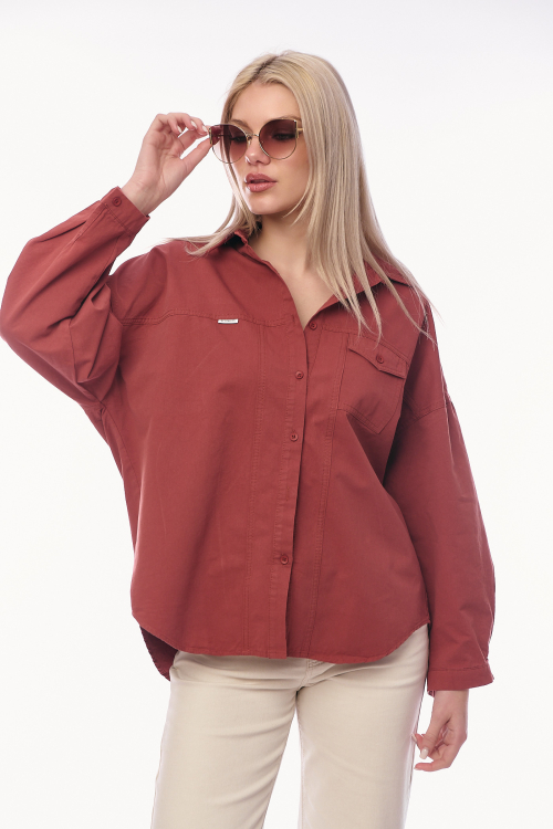 Γυναικείο Oversized Πουκάμισο με Τσέπη στο Στήθος – Χρώμα Κεραμιδί-NP601B