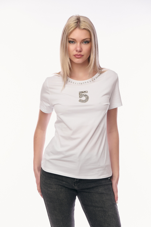 Λευκό T-shirt με Στρας στη Λαιμόκοψη & Σχέδιο 