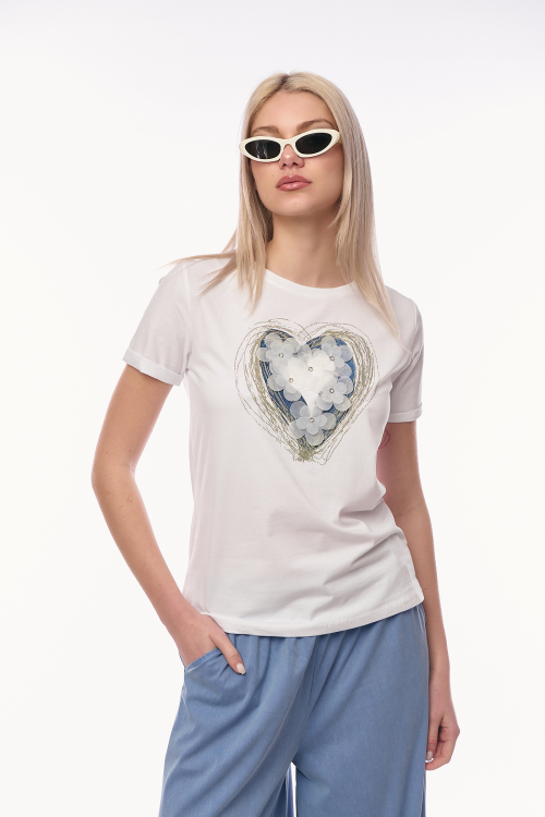 Λευκό με Μπλε T-shirt με Καρδιά από Χρυσές Κλωστές & 3D Λουλούδια-RJ78008G