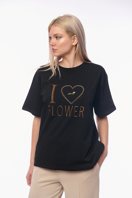 Γυναικείο Μαυρό T-shirt με Κεντημένο Μήνυμα I Love Flower και Καρδιά από Στρας-K500B