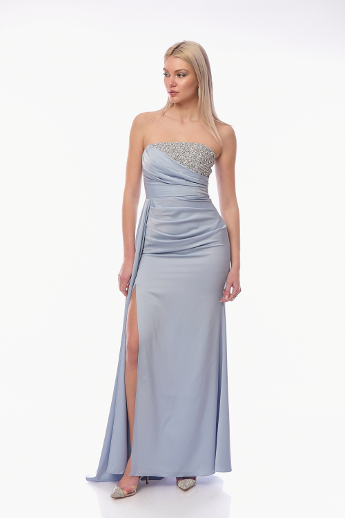 Μάξι Στραπλές Φόρεμα σε Γαλάζιο Σατινέ Ύφασμα με Μπούστο από Στρας και Πλαινό Σκίσιμο-2487