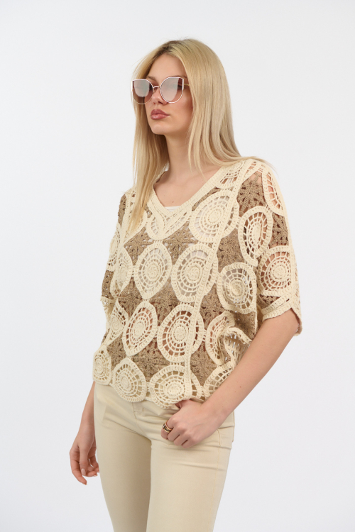 Γυναικεία Πλεκτή Boho Μπλούζα με Βελονάκι, Λαιμόκοψη V και Καφέ Λεπτομέρειες-7150G