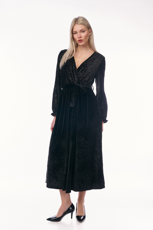 Μαύρο Κρουαζέ Μάξι Φόρεμα με Λαμπερό Μπούστο και Βελούδινη Φούστα-15171