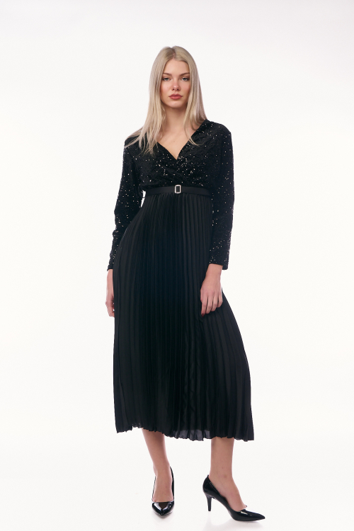 Μαύρο Μάξι Φόρεμα με Μπούστο από Παγιέτες, V Λαιμόκοψη και Πλισέ Φούστα-4456