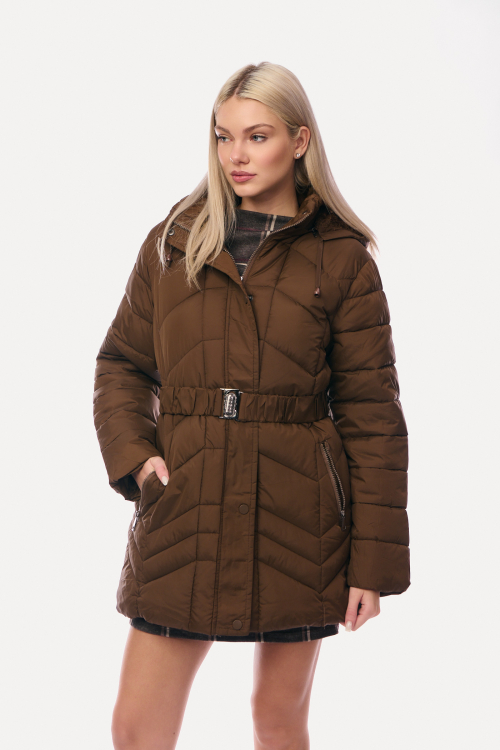 Μπουφάν Puffer Μίντι Καπιτονέ με Ζώνη και Κουκούλα Καφέ-2227