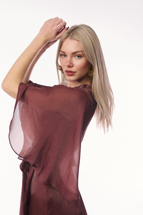 Μάξι Κρουαζέ Φόρεμα με Αέρινα Μανίκια Καμπάνα και Ζώνη – Χρώμα Σάπιο Μήλο / Καφέ-4457