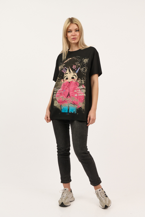 Γυναικείο Μαύρο T-Shirt με Anime Στάμπα και Ροζ Λεπτομέρειες-4518