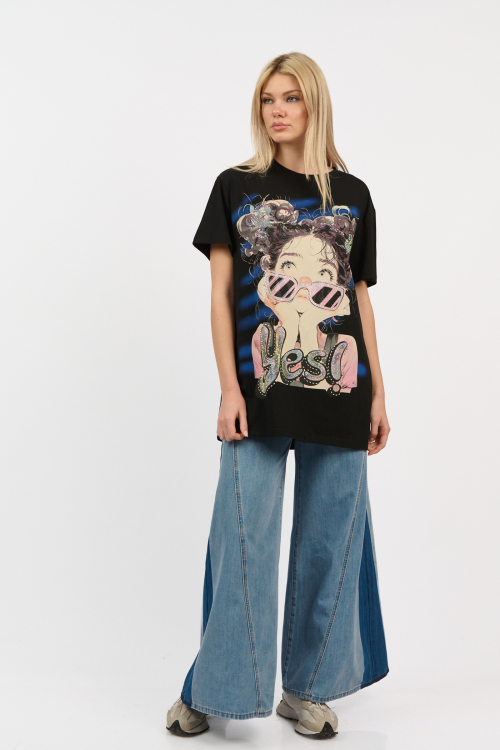 Γυναικείο Μαύρο T-Shirt με Pop Art Στάμπα Κορίτσι και Στρας-4520