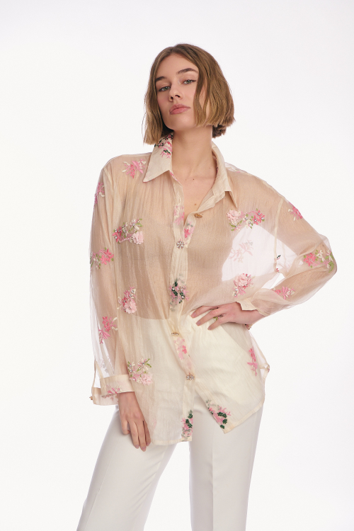 Γυναικείο Διάφανο Πουκάμισο με Floral Κεντήματα και Jewel Buttons σε Ivory-4460