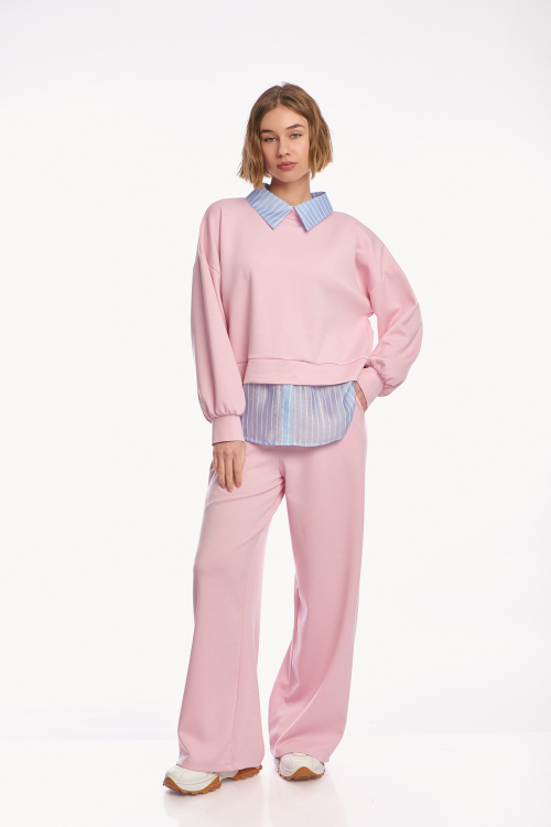 Γυναικείο Σετ 2 Τεμαχίων με Φούτερ, Ενσωματωμένο Ριγέ Πουκάμισο και Παντελόνα σε Ροζ-4458