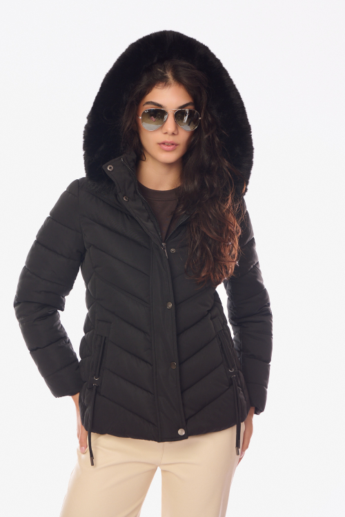 Κοντό Puffer Μπουφάν με Διαγώνιες Ραφές, Κουκούλα με Γούνα & Κορδόνι Σύσφιξης Μαύρο-26288