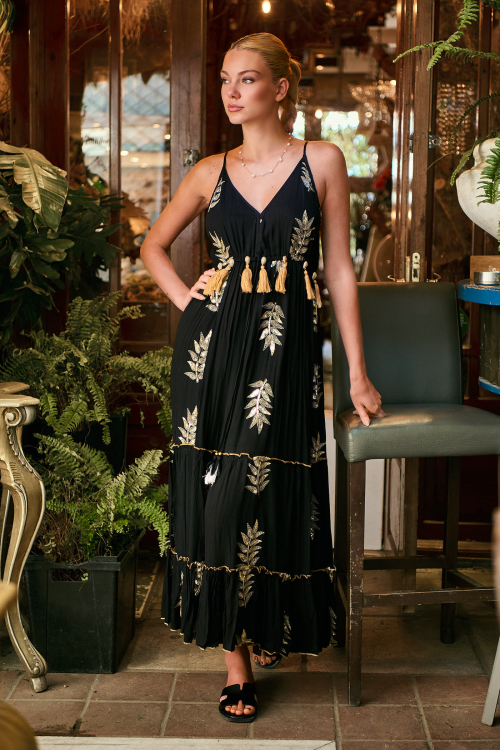 Maxi Boho Φόρεμα με Χρυσό Botanical Μοτίβο & Διακοσμητικές Φούντες-4528