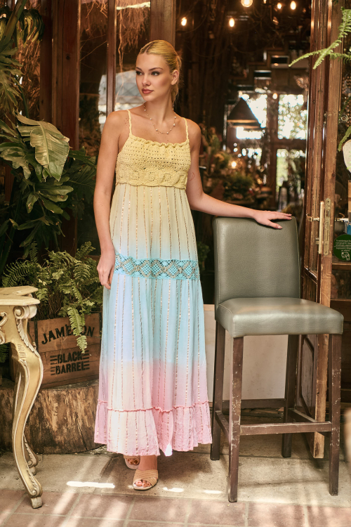 Maxi Boho Φόρεμα με Πλεκτό Μπούστο, Ombre Παστέλ Διαβάθμιση & Χρυσές Ρίγες-316