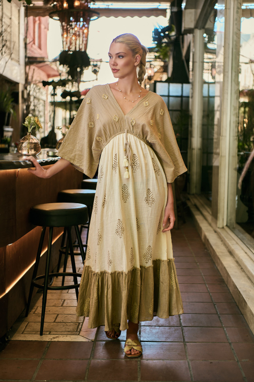 Maxi Boho Φόρεμα με Κεντητό Μπούστο, Φαρδιά Μανίκια & Botanical Print-4530
