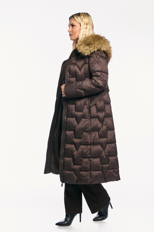 Μπουφάν Puffer Μακρύ με Γεωμετρικό Καπιτονέ, Αποσπώμενη Γούνα & Ζώνη Καφέ-23187Γ