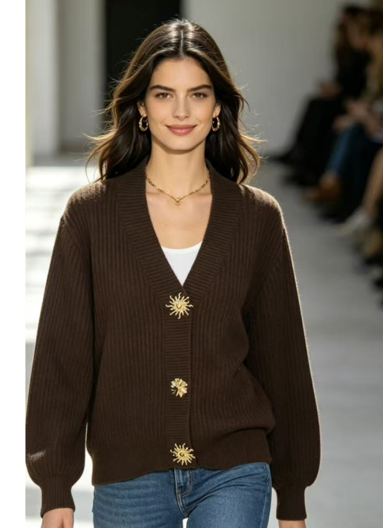 Ριμπ Πλεκτό Cardigan Με Χρυσά Διακοσμητικά Κουμπιά & V-Λαιμόκοψη-C-115