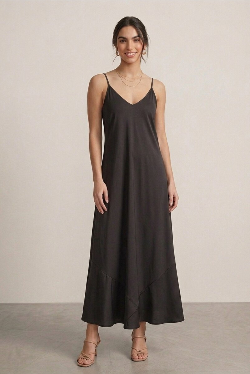 Μάξι Σατέν Slip Dress Μαύρο-4553