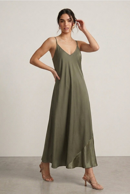 Μάξι Σατέν Slip Dress Με Ασύμμετρες Φάσες Σε Χακί-4554