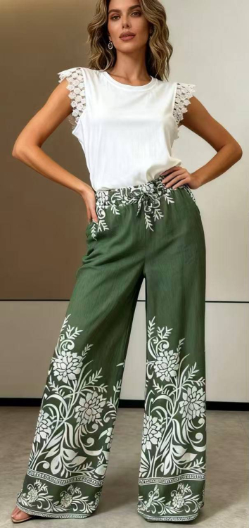 Γυναικείο Ψηλόμεσο Boho Παντελόνι Wide-Leg με Floral Φάσα και Κορδόνι-YN551
