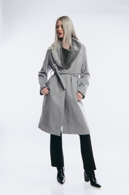 Παλτό με ζώνη και γούνα στον γιακά-95802