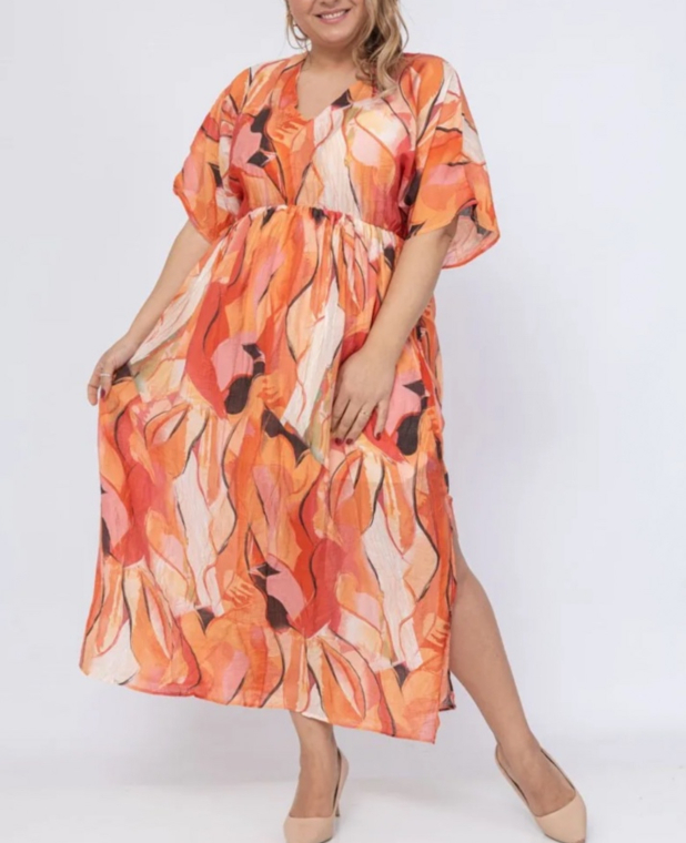 Εμπριμέ μάξι φόρεμα V με ανοίγματα πορτοκαλί απόχρωση-14303