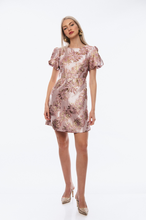 Φόρεμα αμπιγιέ ροζ εμπριμέ μπροκάρ με φούσκα μανίκι-4155