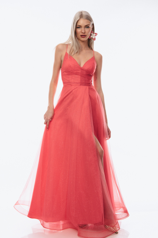 Φόρεμα αμπιγιέ maxi κοραλί με τούλι και γκλίτερ-4157