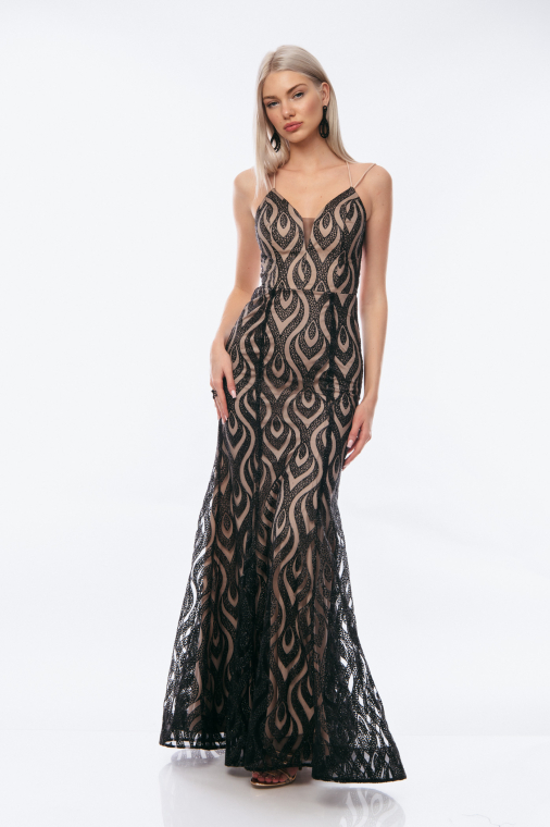 Φόρεμα αμπιγιέ δαντέλα μαύρο εξώπλατο σε γραμμή γοργόνα-4158