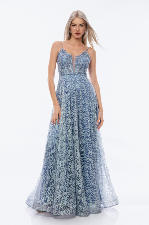 Αμπιγιέ φόρεμα μπλε από τούλι με κέντημα-4170