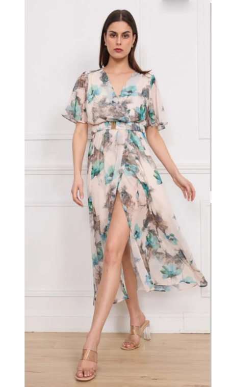 Φλοράλ μάξι φόρεμα με ζώνη και σχίσιμο-1928