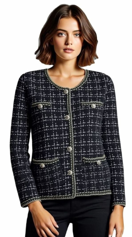 Κοντή ζακέτα σε στυλ τουίντ με διακοσμητικά κουμπιά σε μαύρο και λευκό-TXS-3000