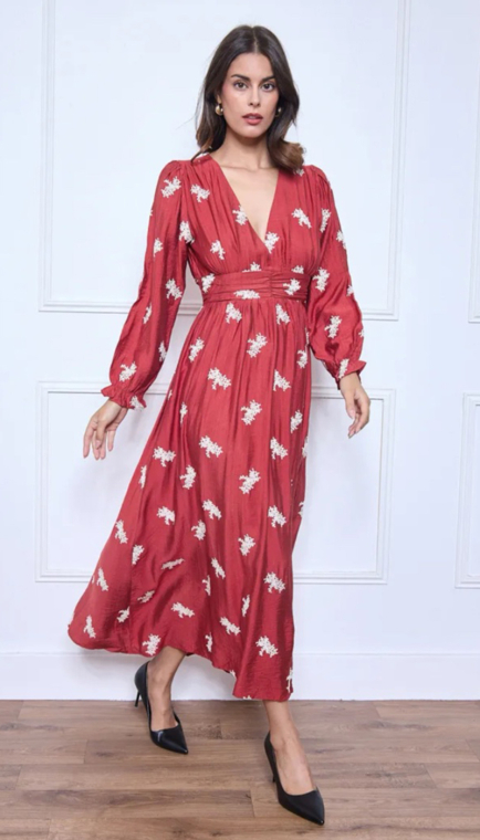 Φόρεμα μάξι με κεντήματα και φουσκωτά μανίκια σε μπορντό-Μ217-5-1805