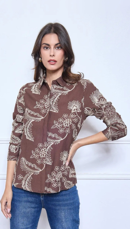 Πουκάμισο με floral μοτίβο σε καφέ χρώμα-008-5-2128