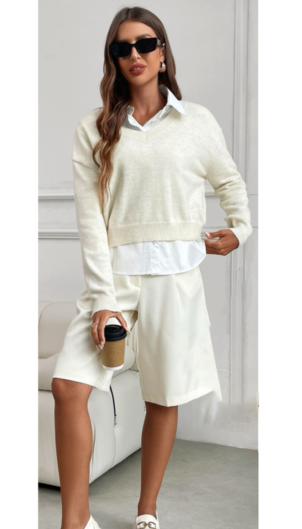 Κοντό εκρού πουλόβερ με ενσωματομένο πουκάμισο-VC7163