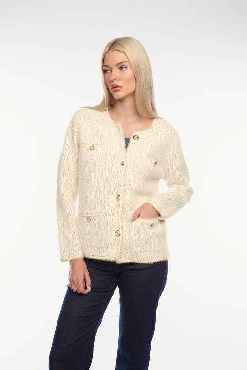 Κοντή ζακέτα σε στυλ τουίντ με διακοσμητικά κουμπιά σε εκρού με χρυσό-TXS-3002B