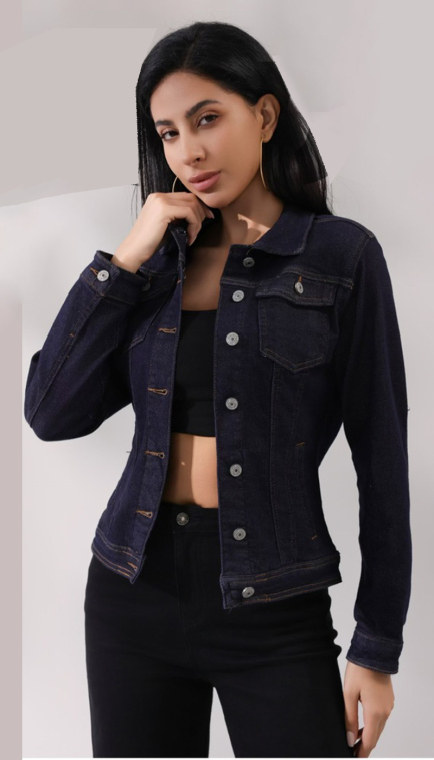 Σκούρο μπλε τζιν μπουφάν με κουμπιά και τσέπες-6809-44-54