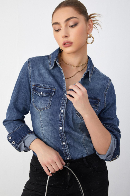 Denim πουκάμισο κλασικό μπλε με τσέπες και western κουμπιά-T815